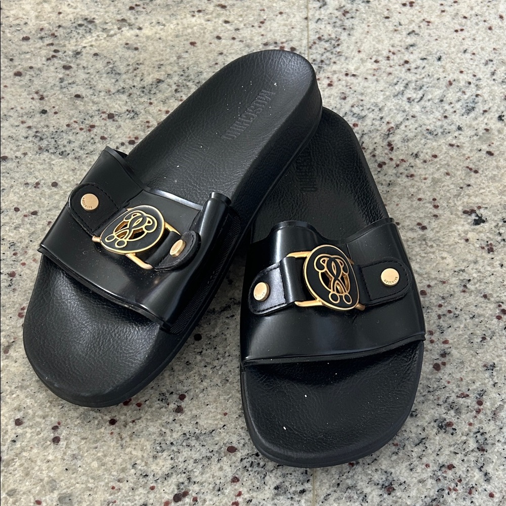 Moschino Black Slide Sandals with Gold Accents
